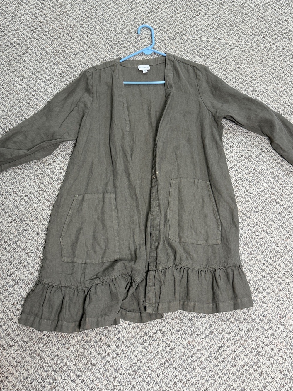 J. Jill Olive Green Linen Open Front Ruffle Hem Jacket